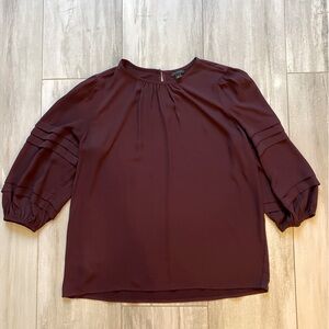 Ann Taylor Flowy Dark Eggplant Purple 3/4 Length Tucked Pleat Sleeve Blouse